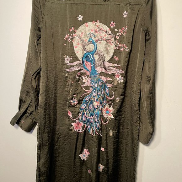 Zara Forest Green Button Down Embroidered Maxi Blouse Kimono. Size Small - Picture 1 of 15